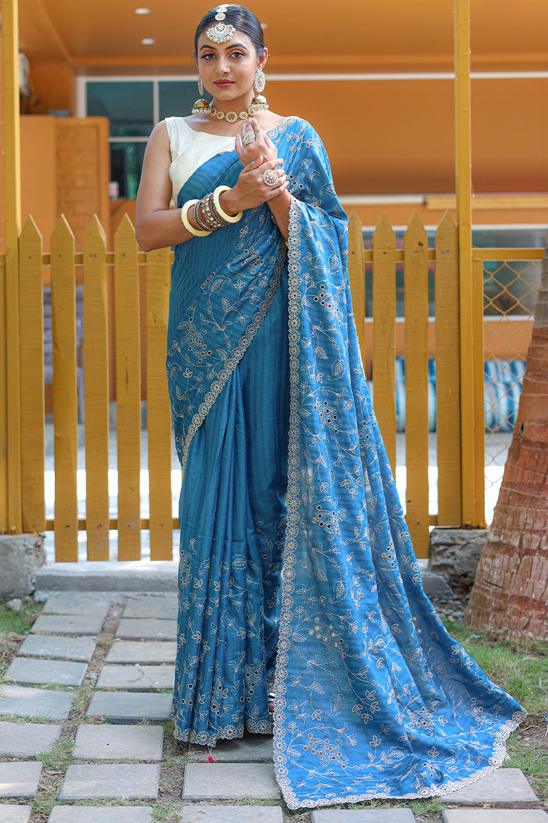 Chathams Blue Threadwork Soft Silk Saree with Cutwork Border