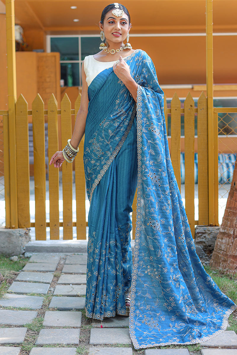 Chathams Blue Threadwork Soft Silk Saree with Cutwork Border