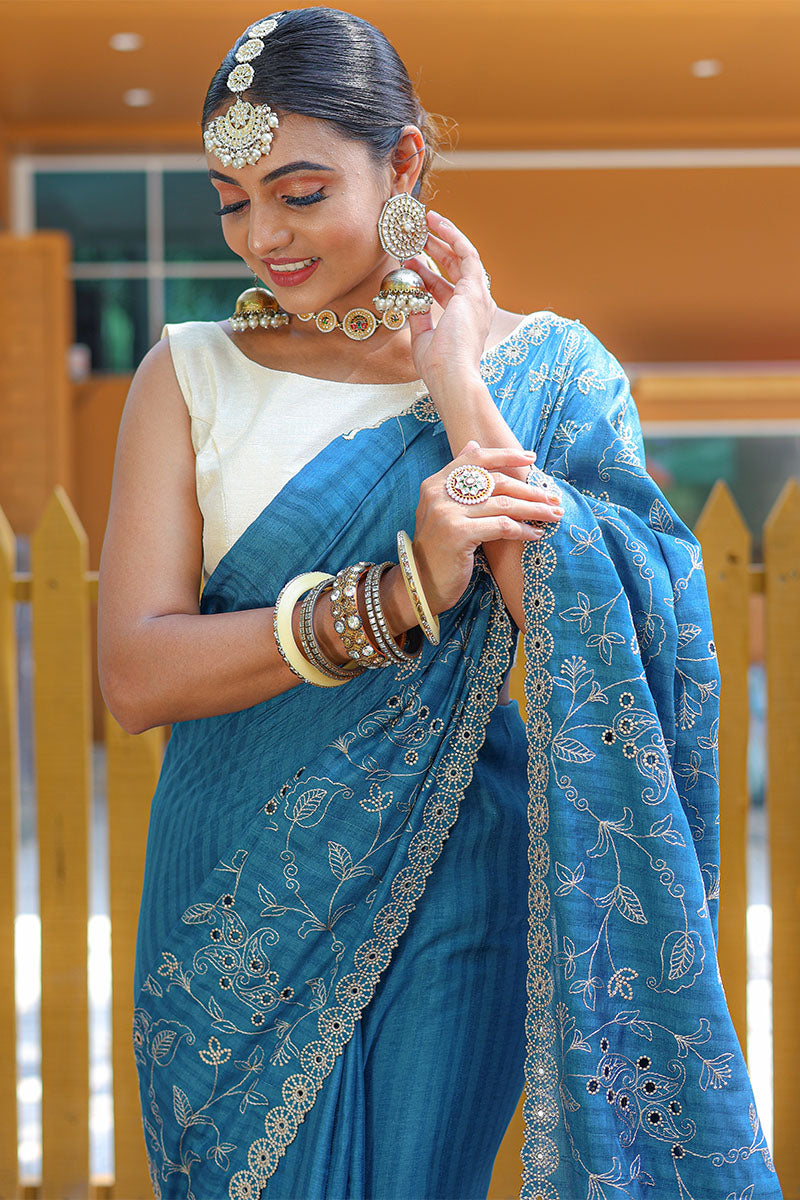 Chathams Blue Threadwork Soft Silk Saree with Cutwork Border