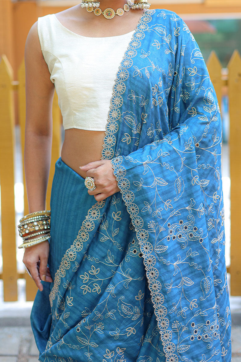 Chathams Blue Threadwork Soft Silk Saree with Cutwork Border