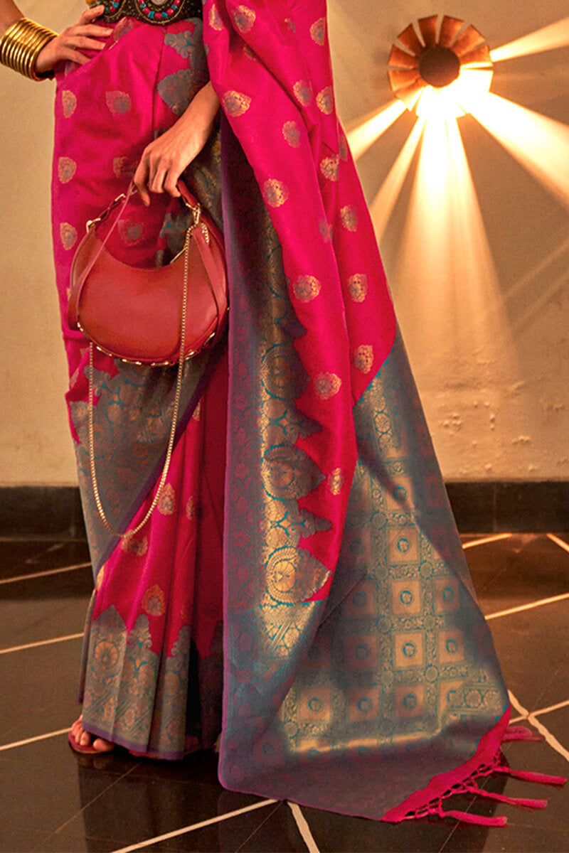 Cherry Pink Zari Woven Handloom Silk Saree