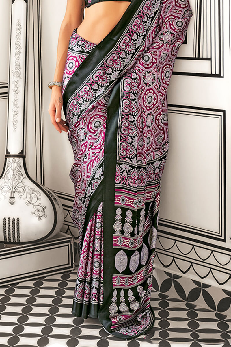 Cherry Wine Ajrakh Printed Satin Silk Saree