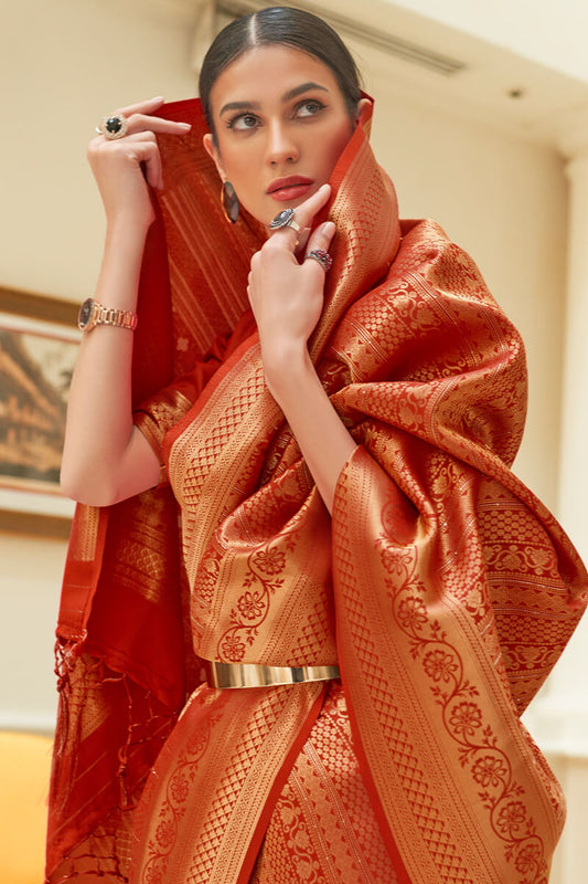 Chili Red Zari Woven and Sequence Work Kanjivaram Silk Saree