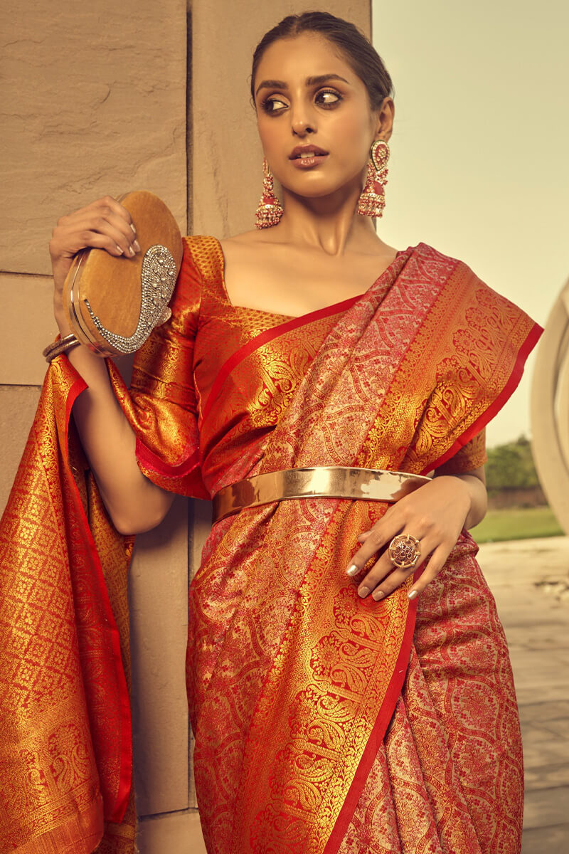 Cinnabar Red Woven Banarasi Brocade Silk Saree