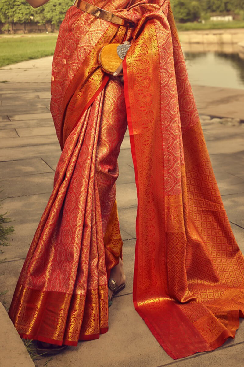 Cinnabar Red Woven Banarasi Brocade Silk Saree