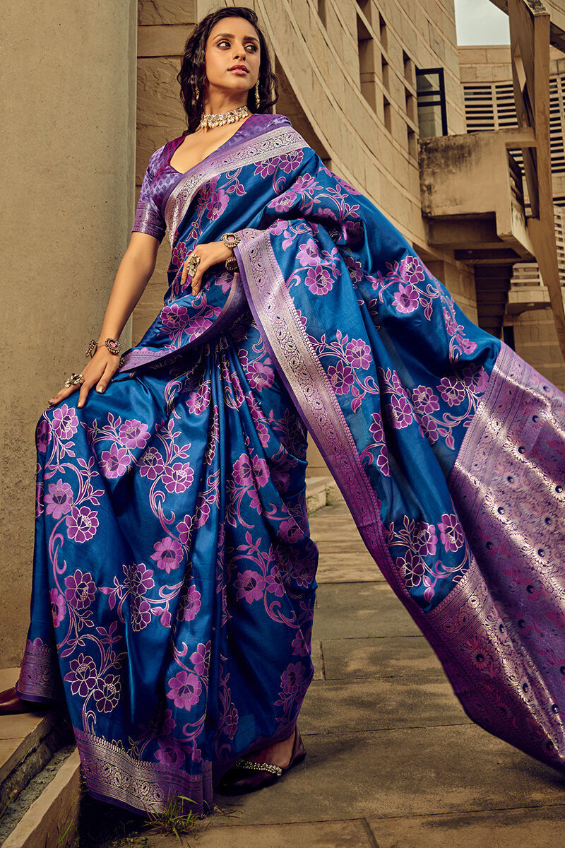 Cobalt Blue Banarasi Satin Silk Saree