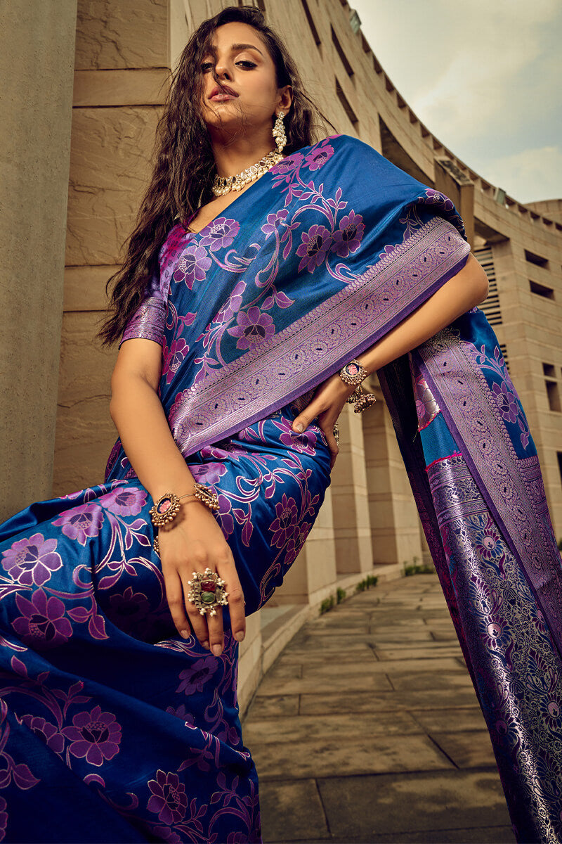 Cobalt Blue Banarasi Satin Silk Saree