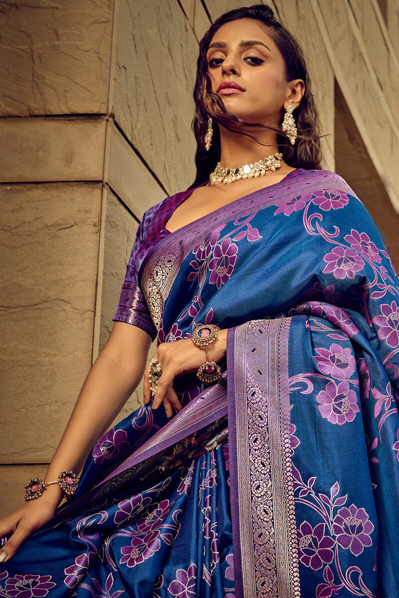 Cobalt Blue Banarasi Satin Silk Saree