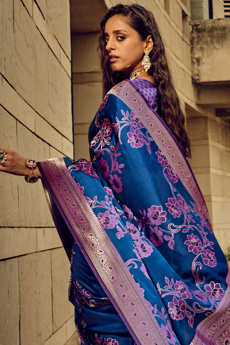 Cobalt Blue Banarasi Satin Silk Saree