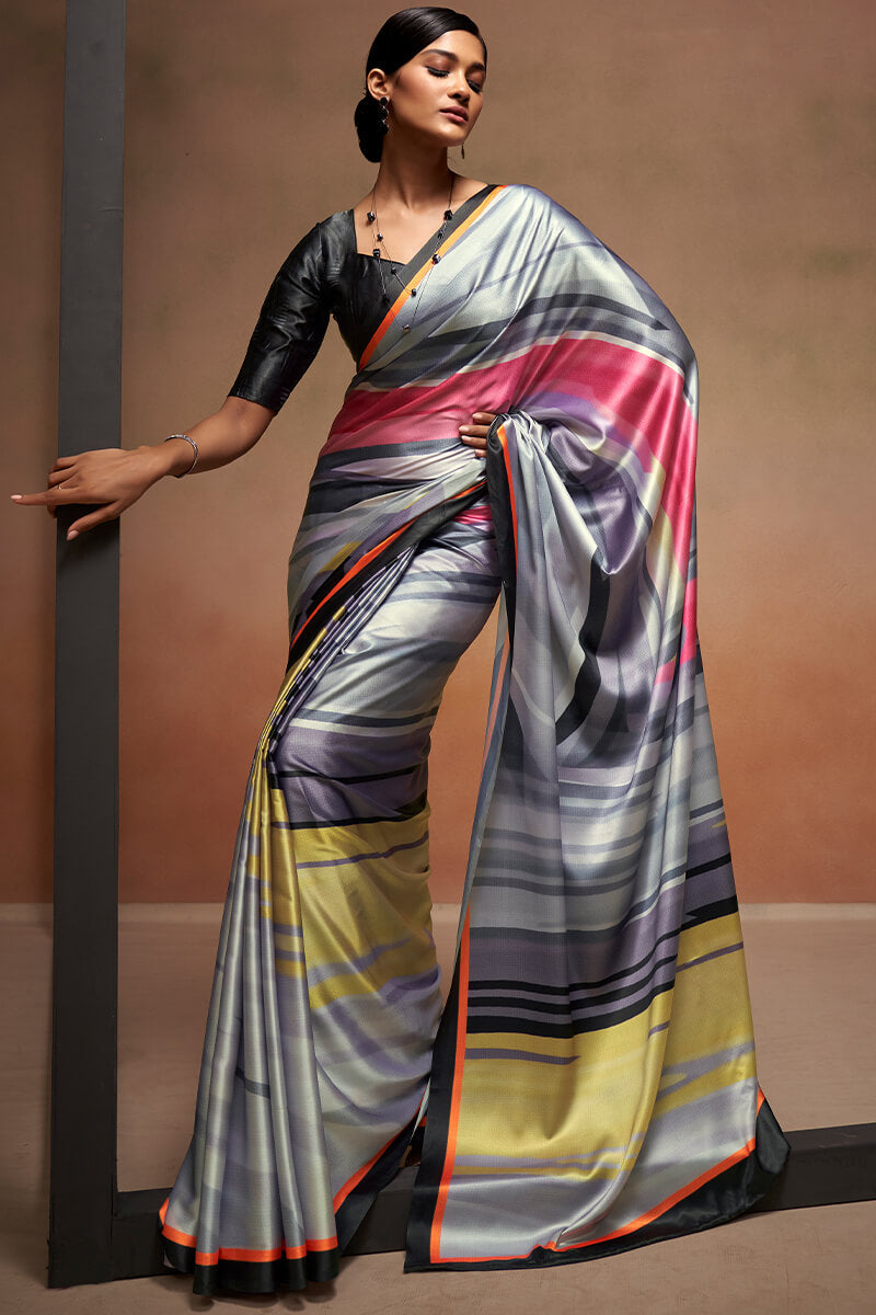 Cool Grey Printed Satin Silk Saree