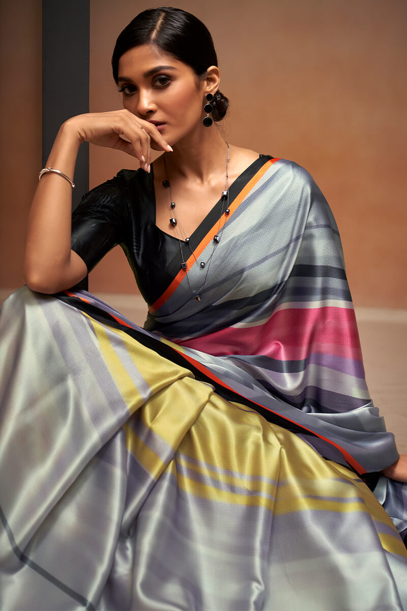 Cool Grey Printed Satin Silk Saree