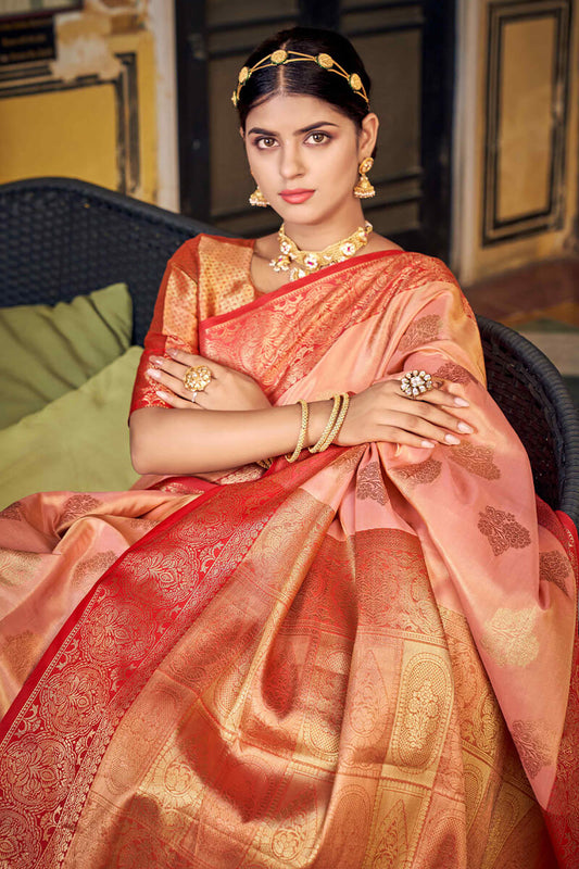 Coral Pink Banarasi Silk Saree