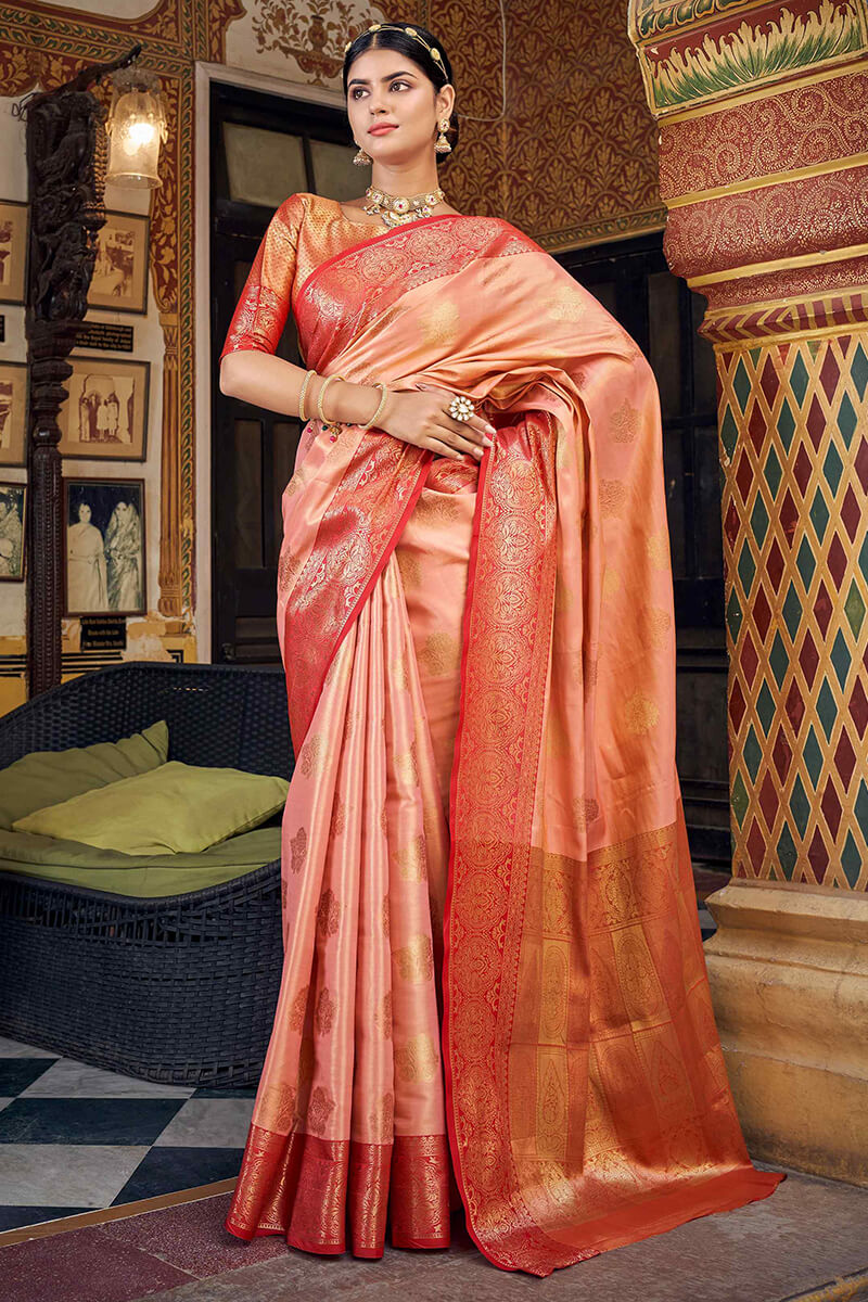 Coral Pink Banarasi Silk Saree