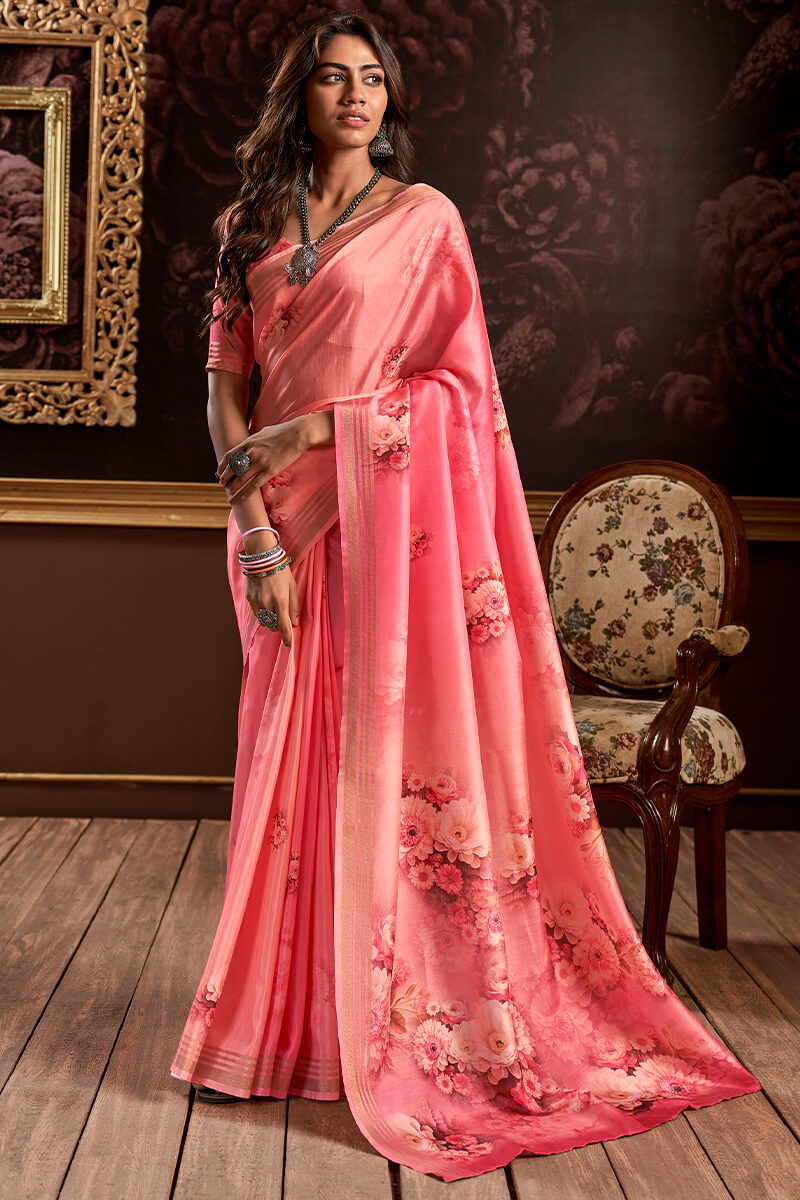 Coral Pink Floral Printed Silk Saree