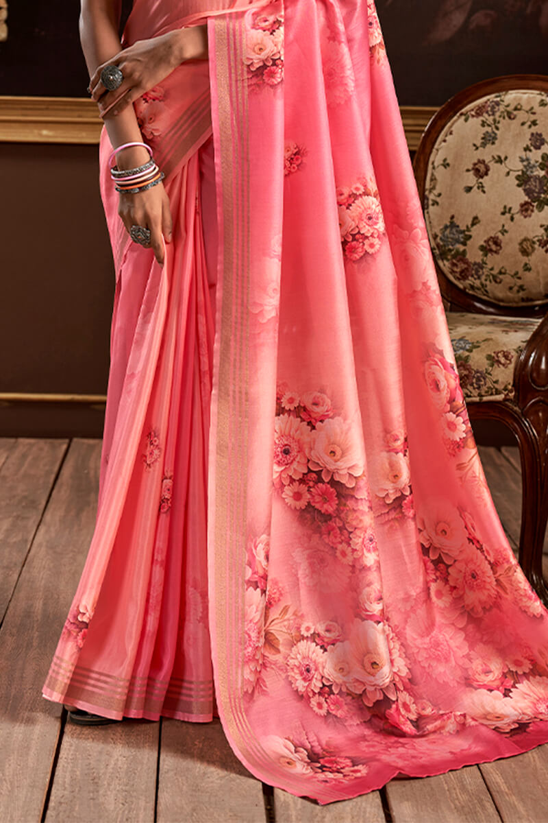 Coral Pink Floral Printed Silk Saree