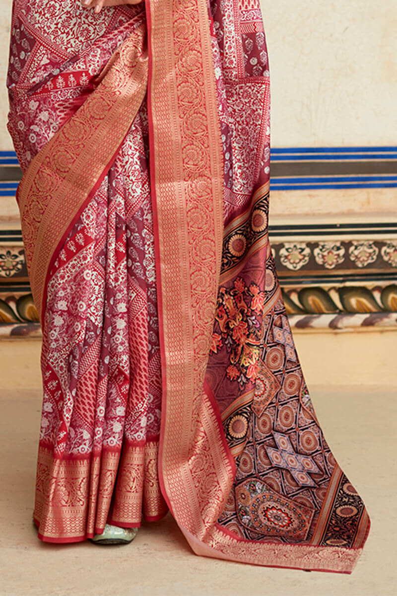 Coral Pink Printed Dola Silk Saree