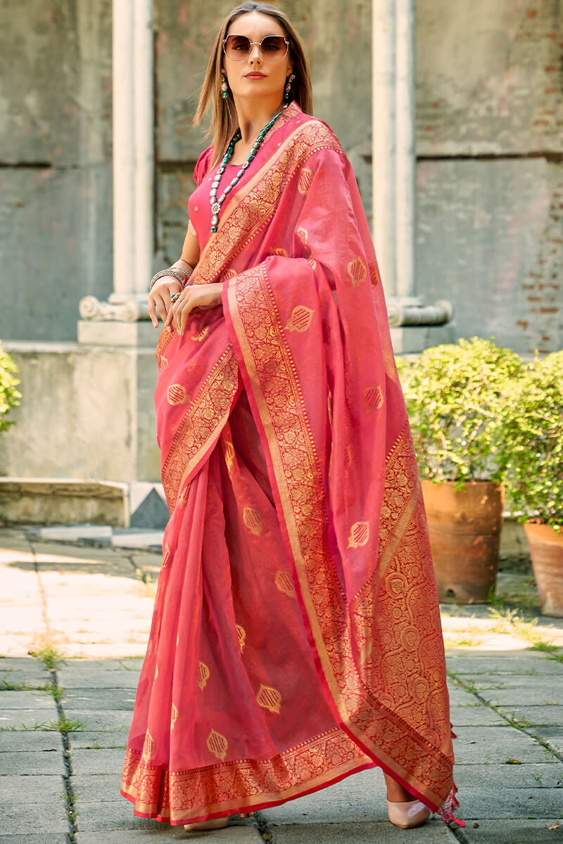 Coral Pink Zari woven Banarasi Tissue Silk Saree