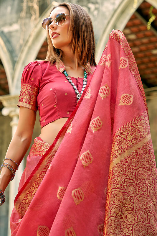 Coral Pink Zari woven Banarasi Tissue Silk Saree