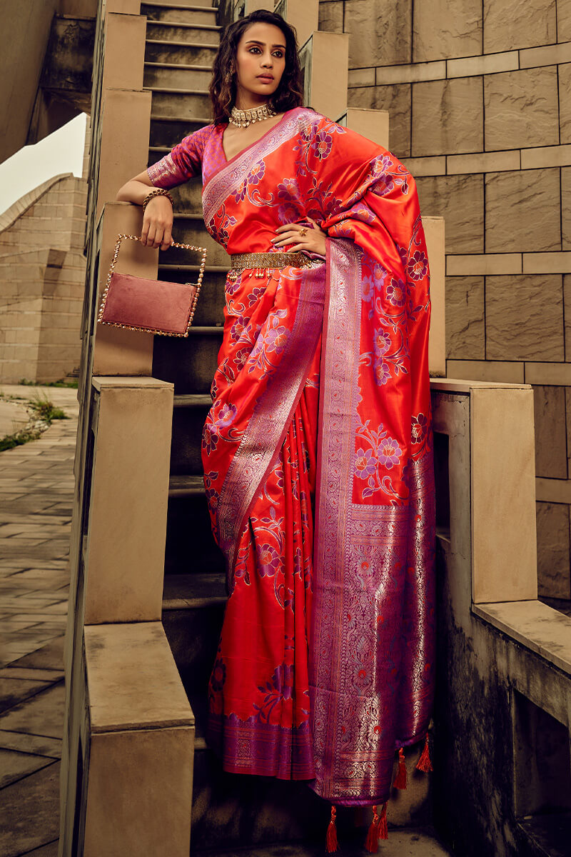 Coral Red Banarasi Satin Silk Saree