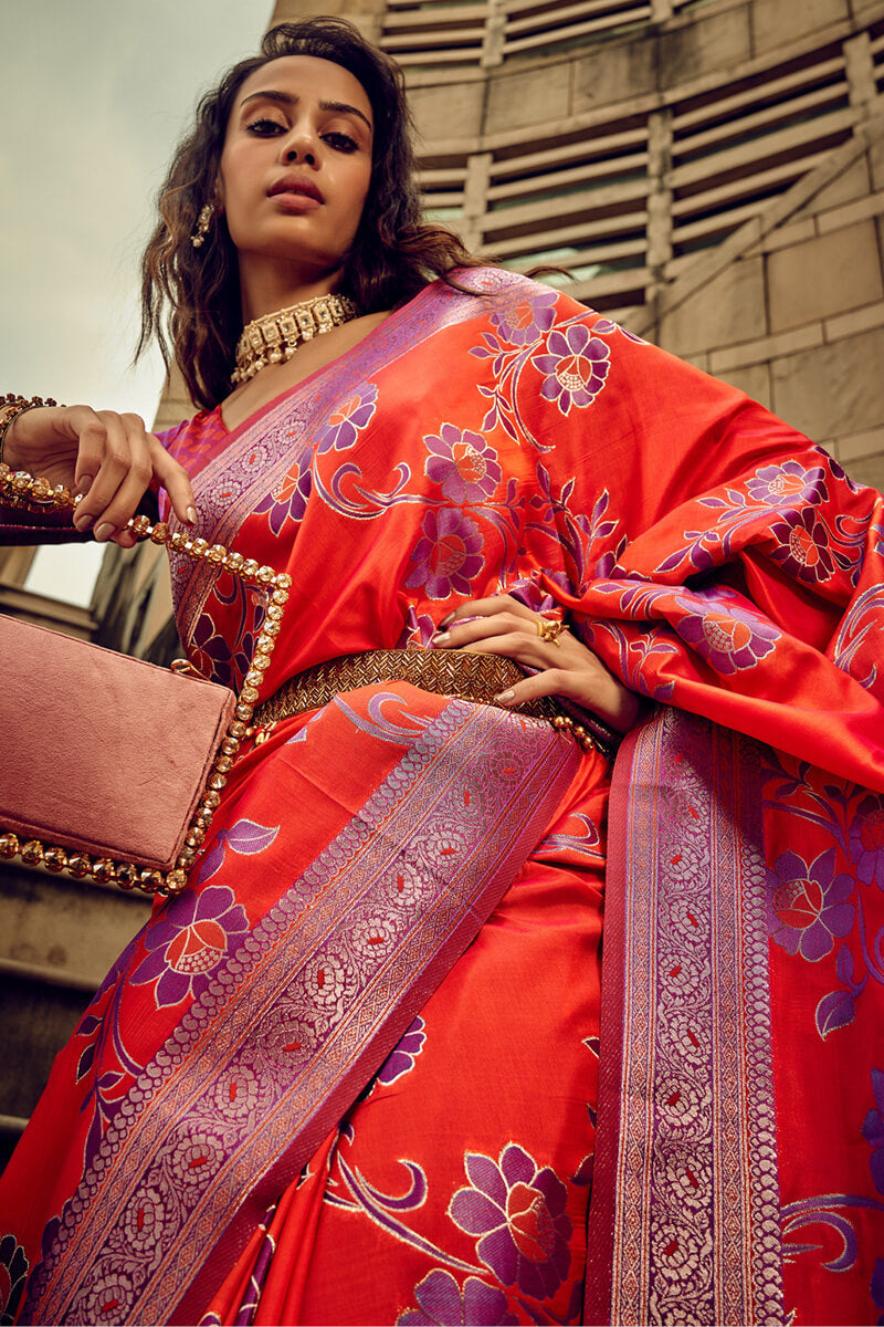 Coral Red Banarasi Satin Silk Saree