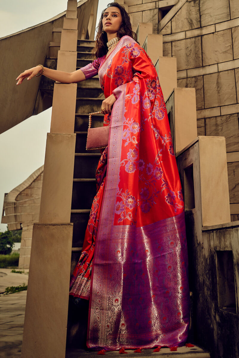 Coral Red Banarasi Satin Silk Saree