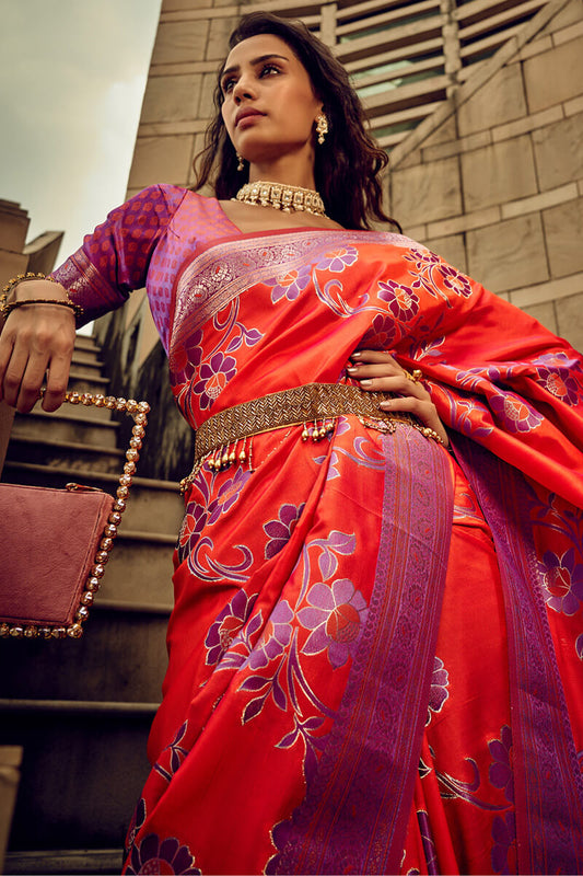 Coral Red Banarasi Satin Silk Saree