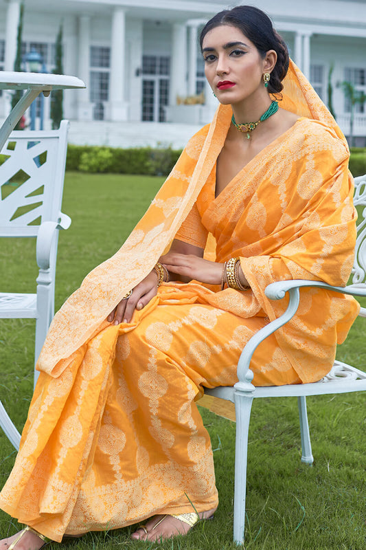 Corn Yellow Lucknowi Chickankari Silk Saree