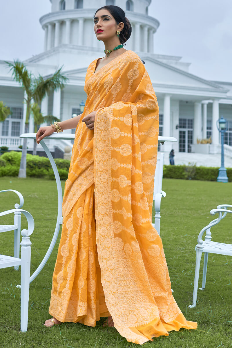 Corn Yellow Lucknowi Chickankari Silk Saree