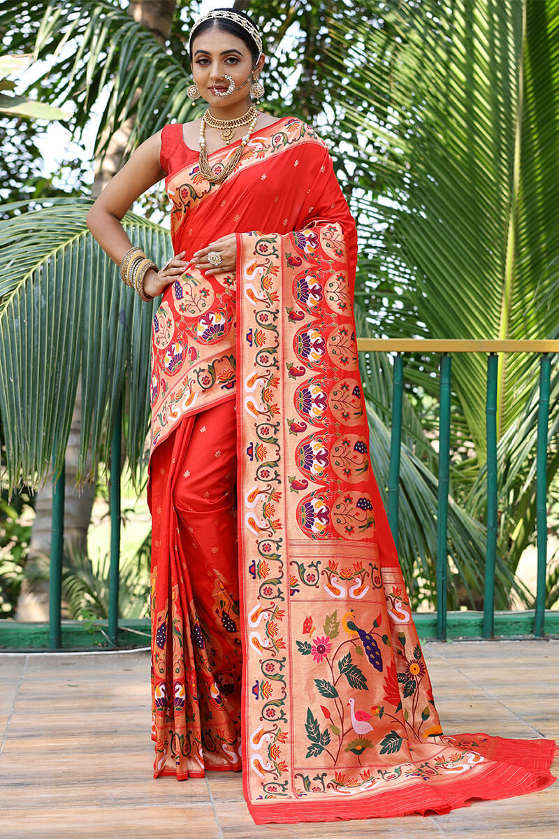 Corsa Red Paithani Silk Saree