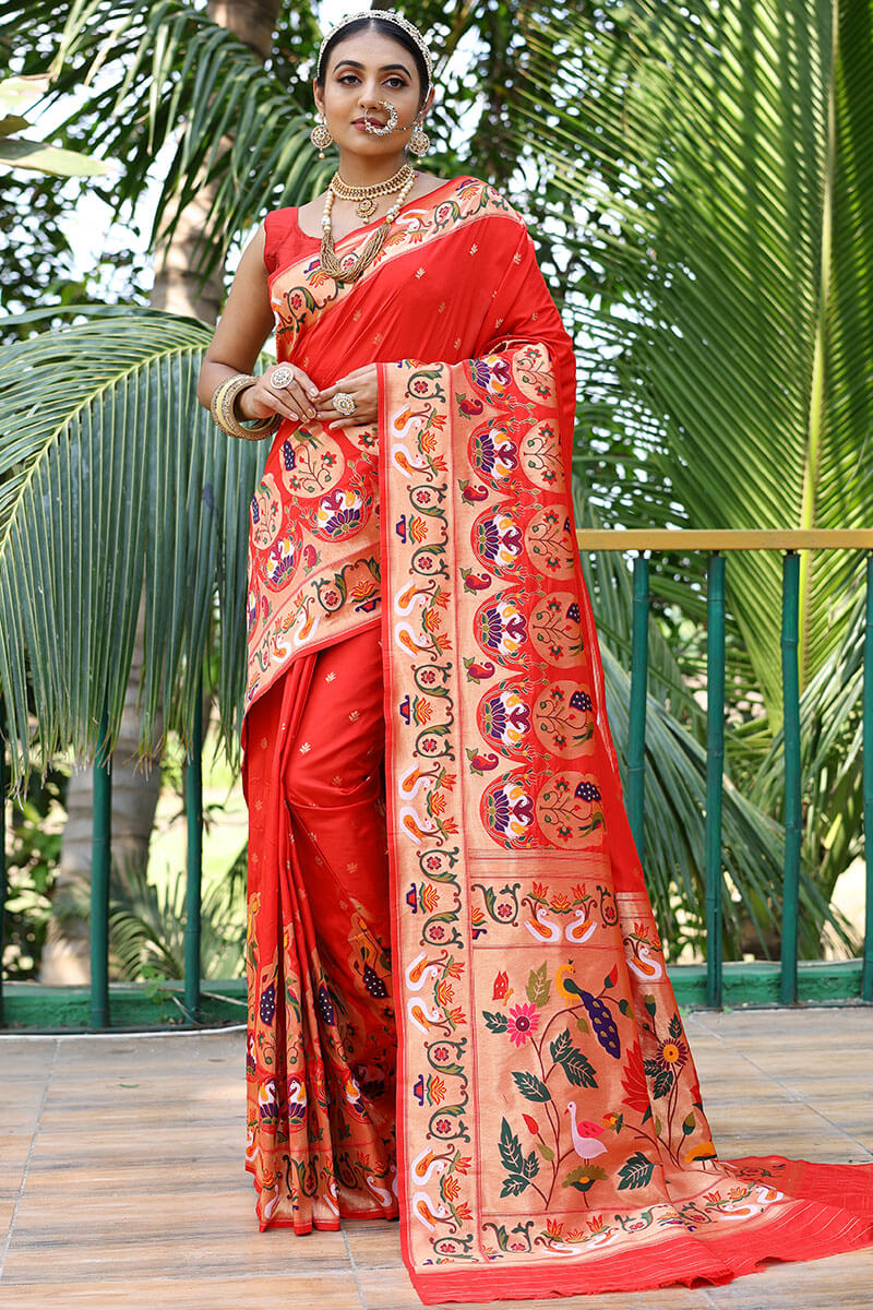 Corsa Red Paithani Silk Saree