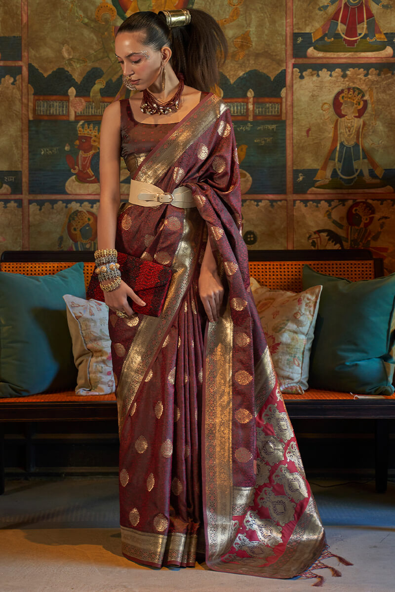 Crater Brown Zari Woven Satin Silk Saree