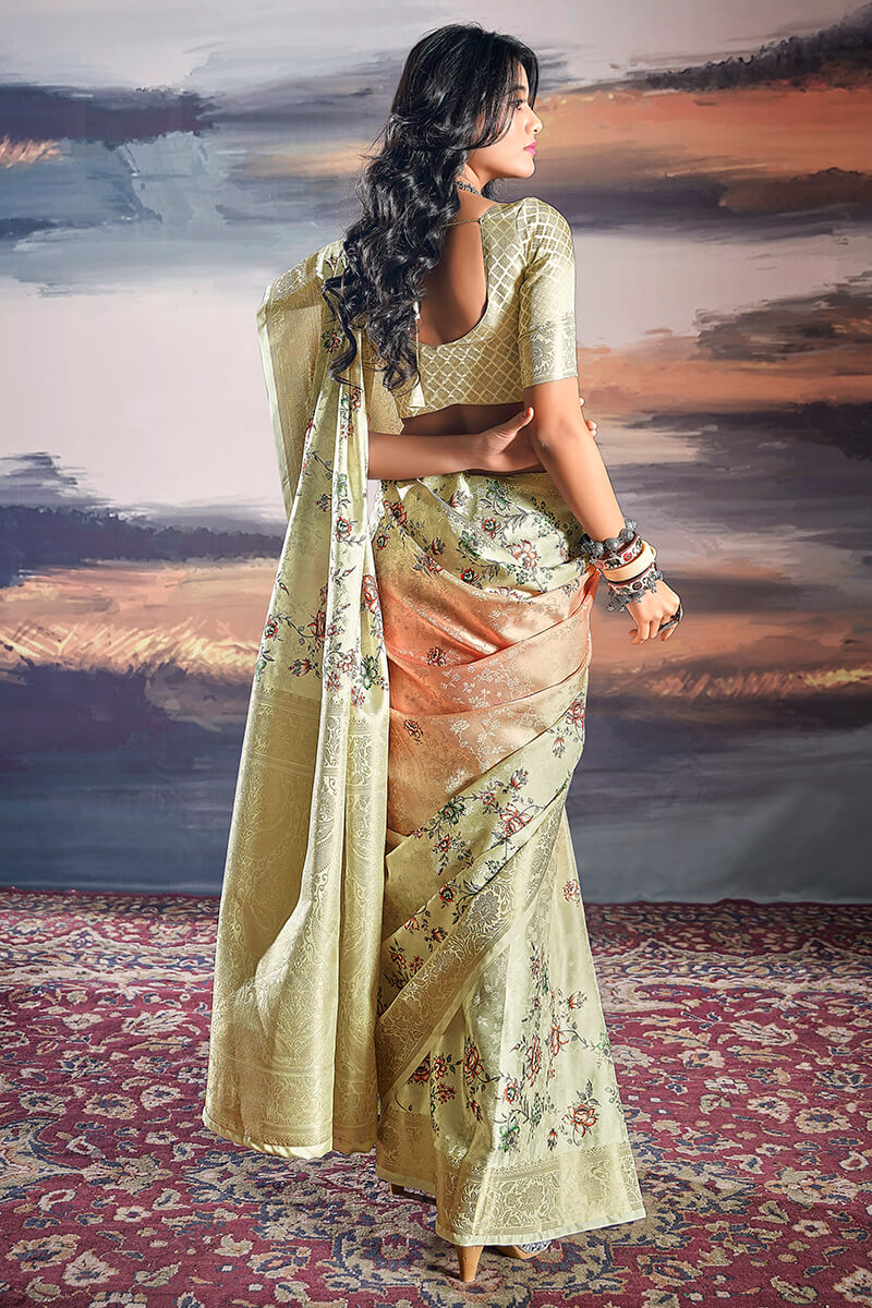 Cream Beige Floral Printed Satin Silk Saree