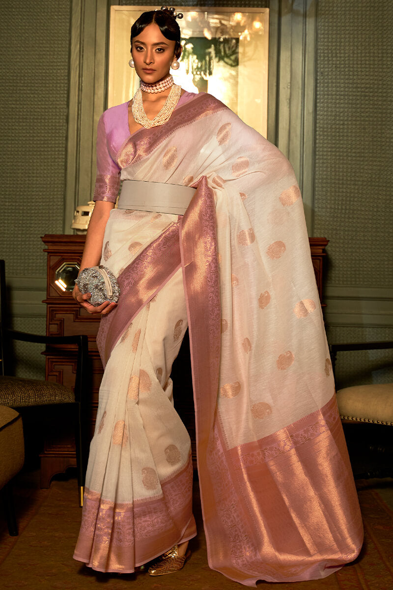 Cream Beige Linen Silk Saree