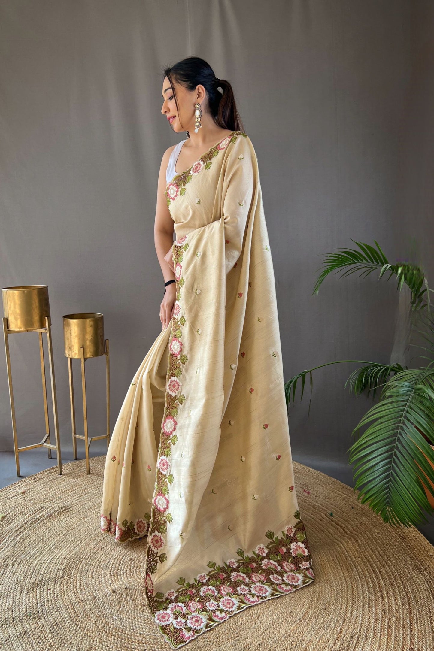 Cream Embroidered Pure Tussar Silk Saree