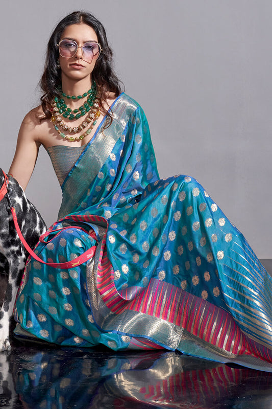 Curious Blue Zari Woven Banarasi Silk Saree