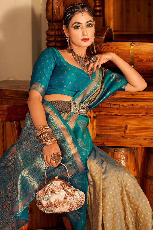 Dark Beige and Teal Blue Soft Banarasi Silk Saree