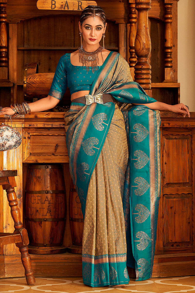 Dark Beige and Teal Blue Soft Banarasi Silk Saree