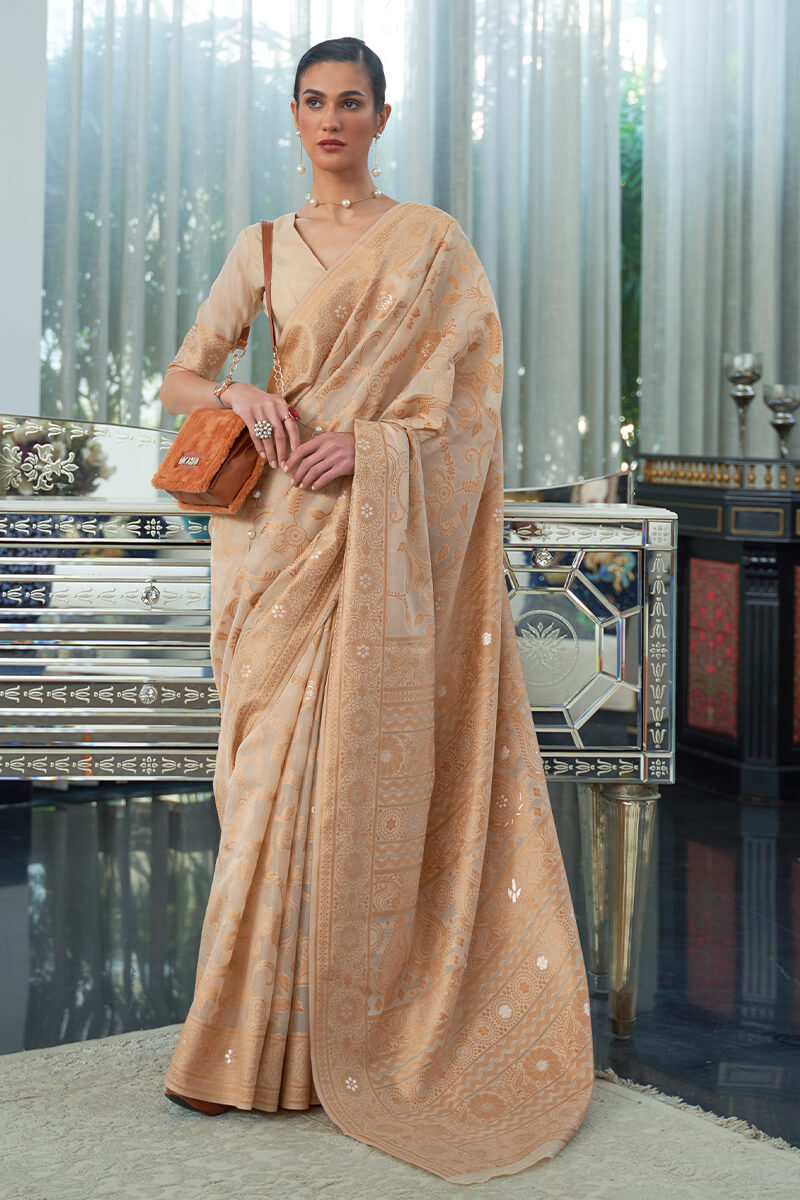 Dark Beige Lucknowi Chickankari Silk Saree