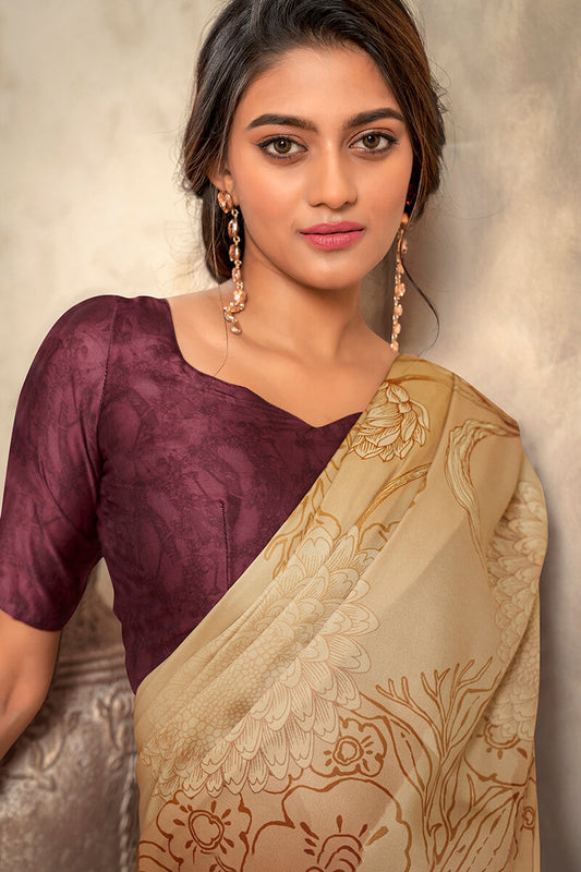 Dark Beige Printed Soft Satin Silk Saree