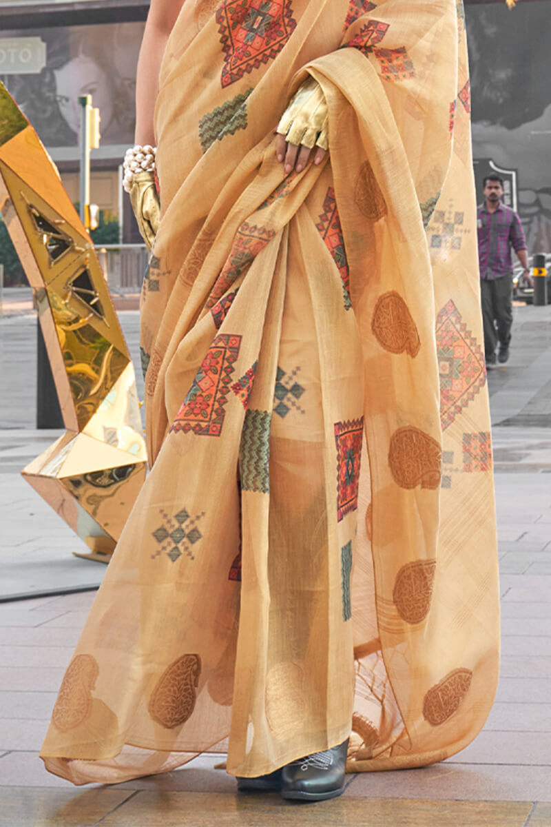 Dark Beige Zari Woven Printed Tissue Silk Saree