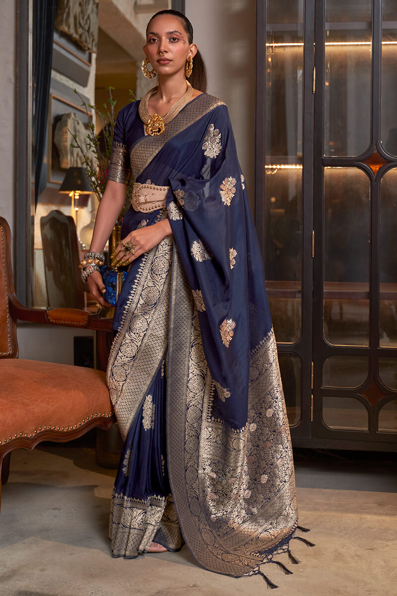 Dark Blue Zari Woven Georgette Silk Saree