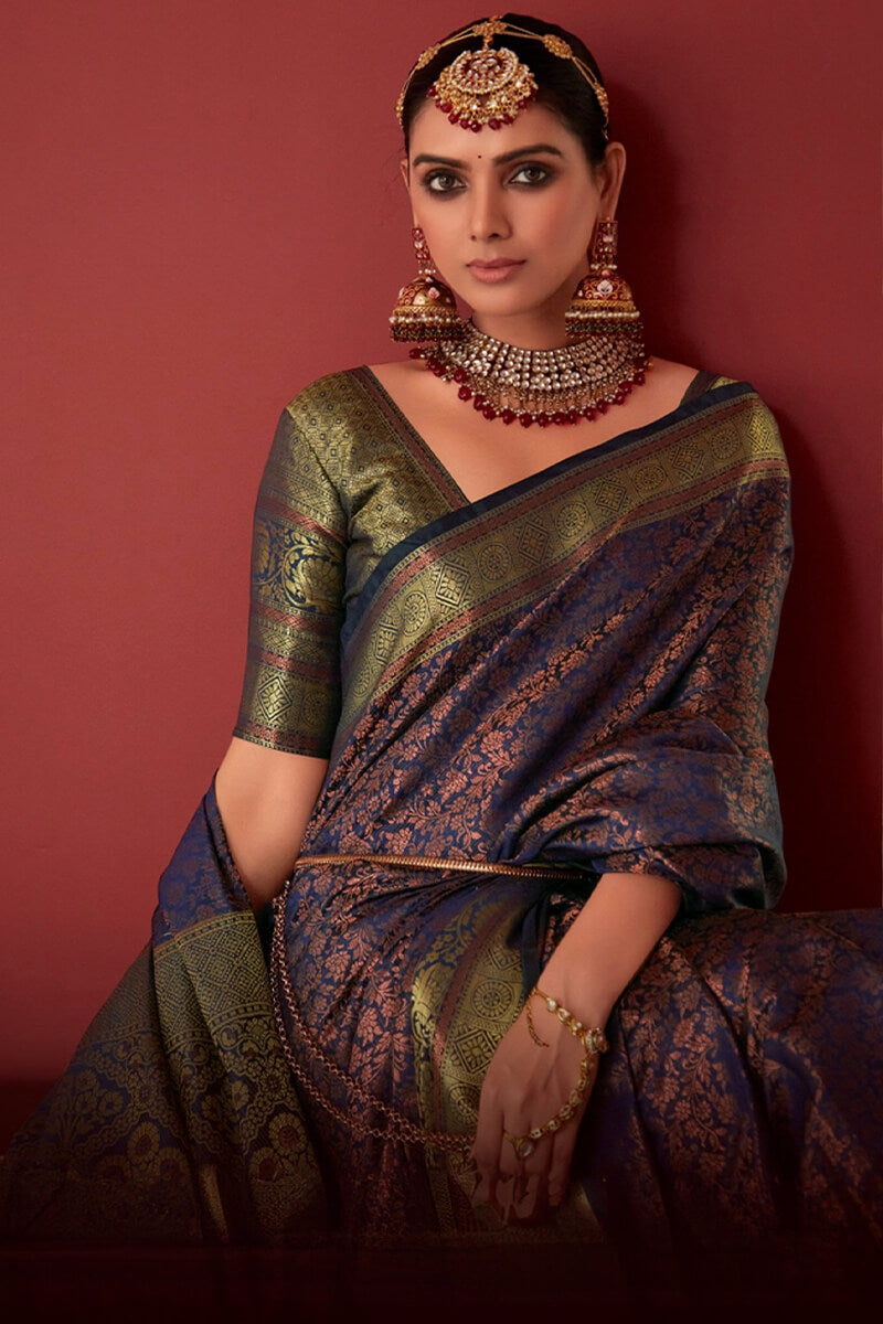 Dark Blue Zari Woven Kanjivaram Silk Saree