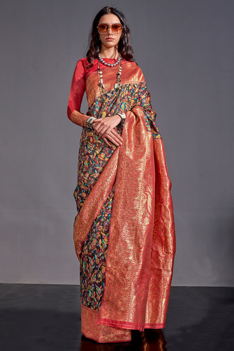 Dark Brown Kashmiri Modal Silk Saree