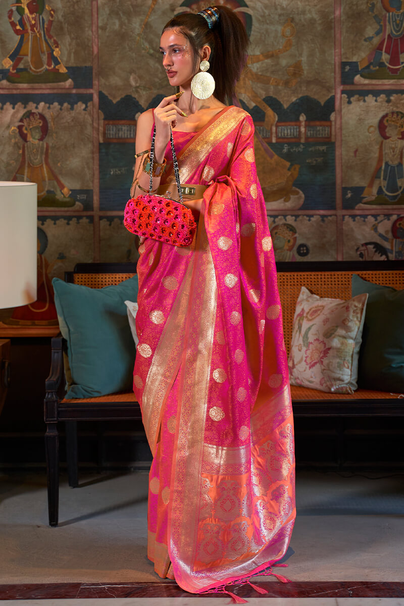 Dark Carnation Pink Zari Woven Satin Silk Saree