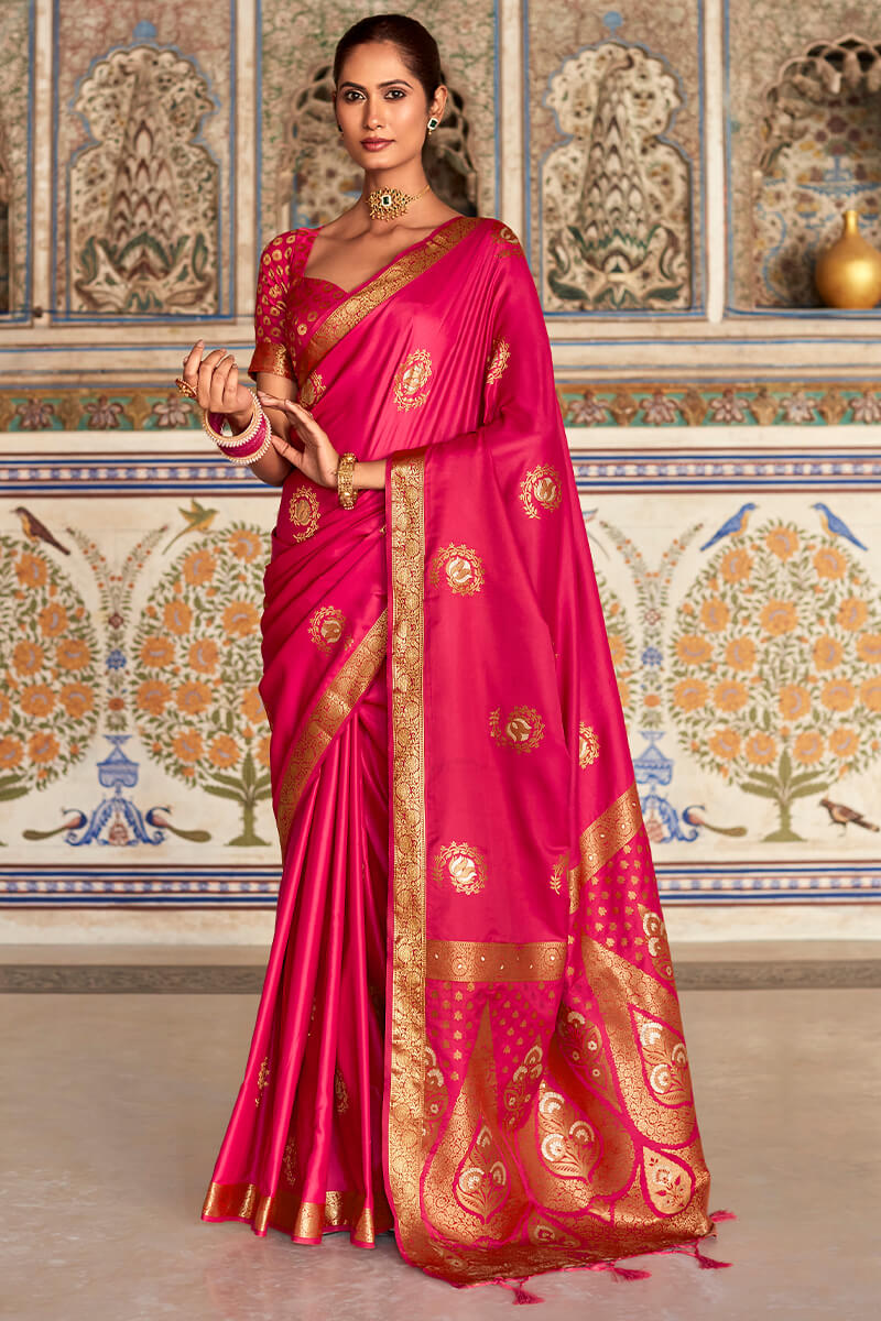 Dark Hot Pink Zari Woven Pure Satin Silk Saree