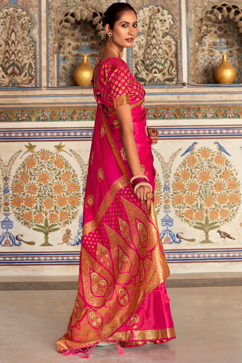 Dark Hot Pink Zari Woven Pure Satin Silk Saree