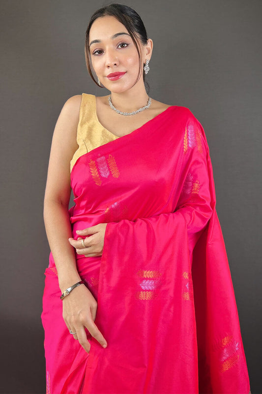 Dark Hot Pink Zari Woven Soft Silk Saree