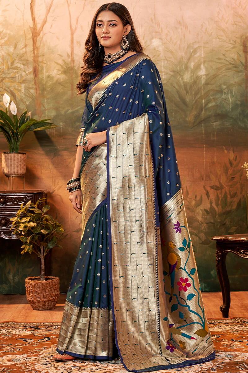 Dark Navy Blue Paithani Silk Saree