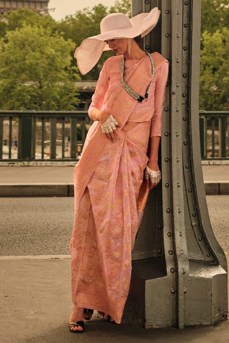 Dark Peach Kashmiri Modal Organza Silk Saree