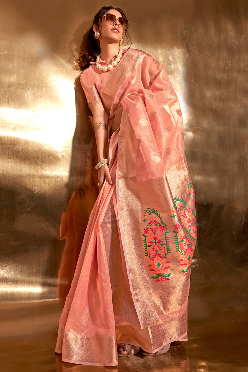 Dark Peach Paithani Tissue Silk Saree